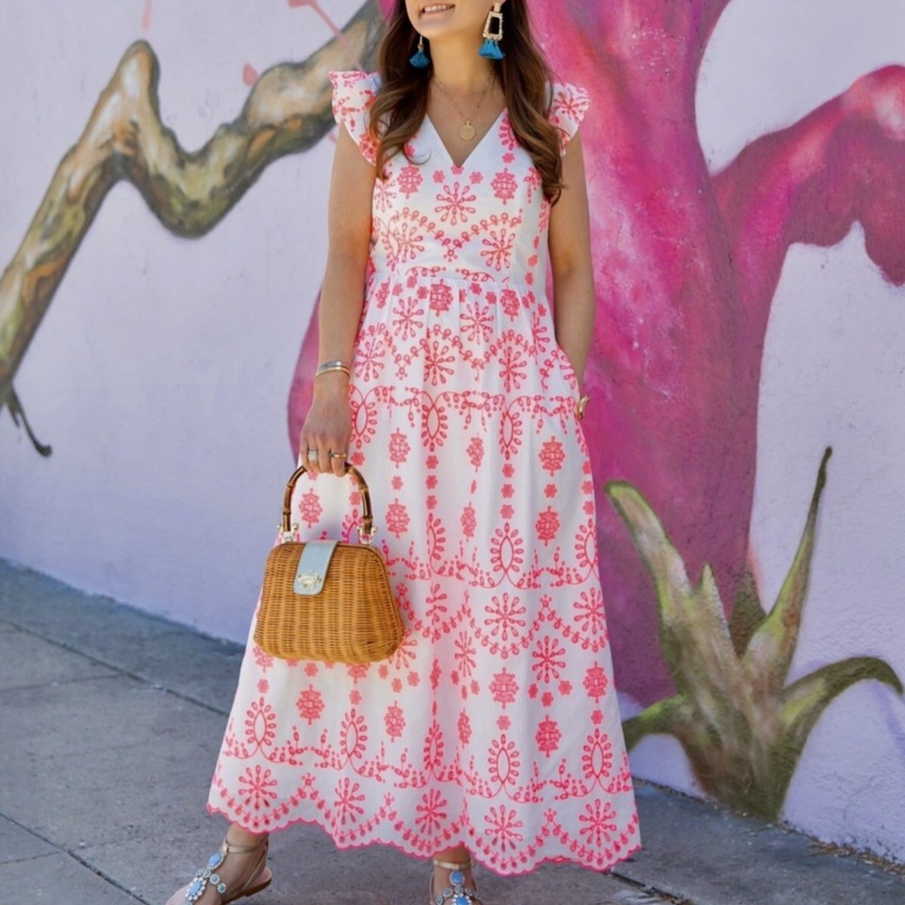 NWT! - Lilly Pulitzer Lillyanne coral neon embroidered eyelet midi dress